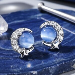 Petite Silver and Cats Eye Moon Star Earrings